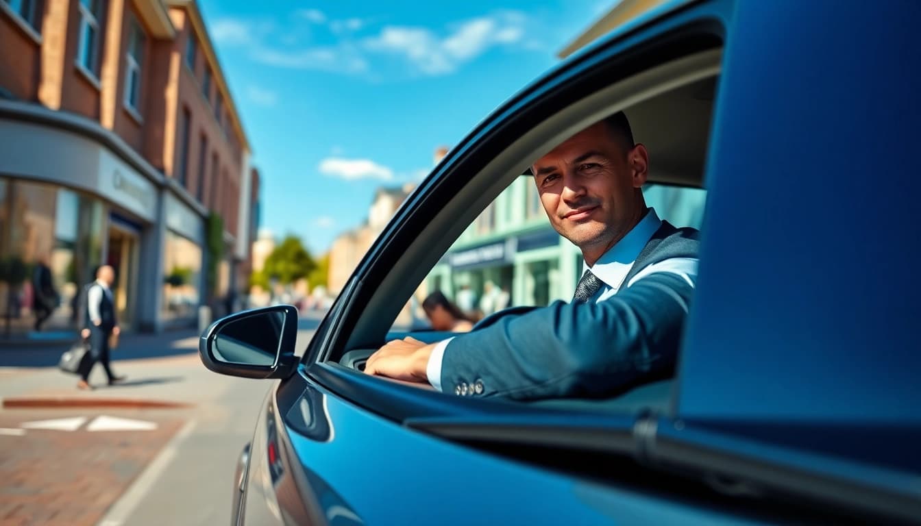 Woking taxi driver ready for passengers in a bustling urban setting.