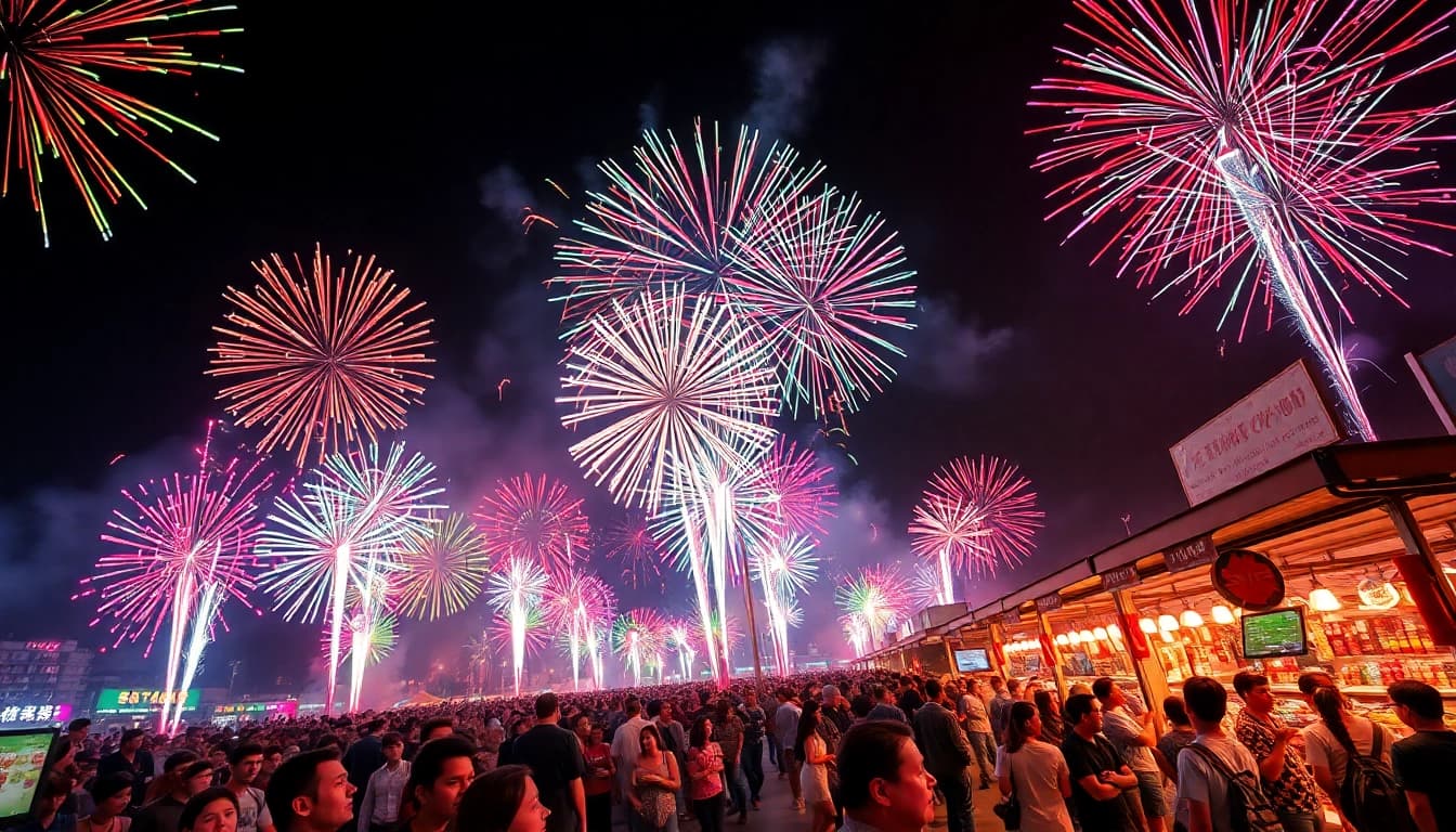 Experience spectacular wholesale fireworks lighting up the night sky at a lively event.