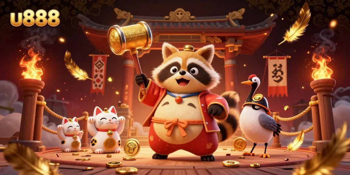 Play exciting games at u888 casino with colorful fortune cats and a smiling tanuki.