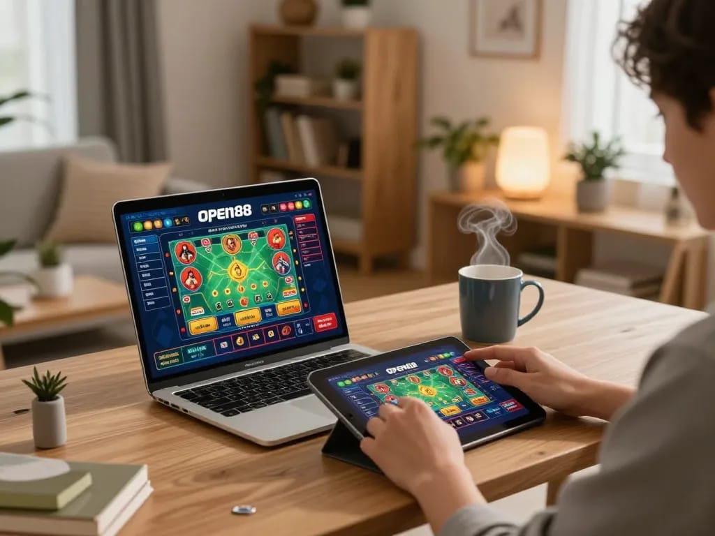 Experience dynamic gaming on open88 with a user engaged in online casino action at home.