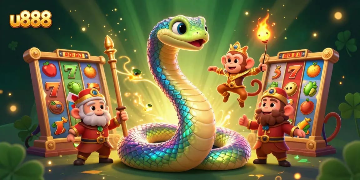 Engage with u888 through a magical 3D carnival featuring colorful slot reels and characters in vibrant action.