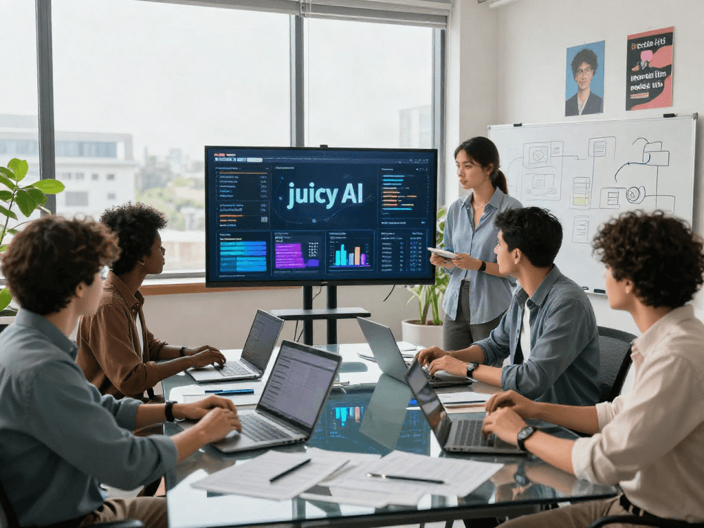 Team discussing juicy AI marketing strategies in a modern office