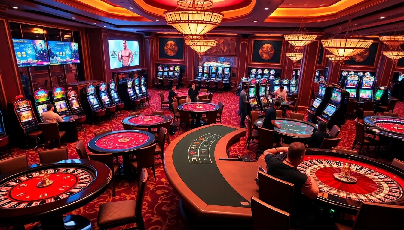 Action-packed scene at nhà cái NK88 featuring diverse casino games and enthusiastic players.