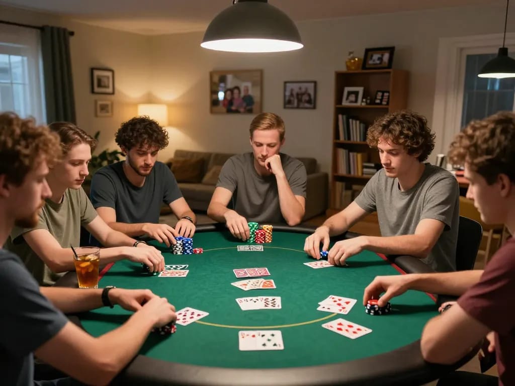Friends enjoying a poker night at home, showcasing engaging gameplay with iwin club atmosphere.