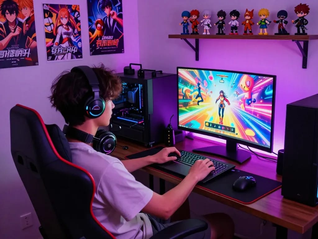 Immerse in the world of porngame with a gamer enjoying adult visual novels in a vibrant and cozy setup.