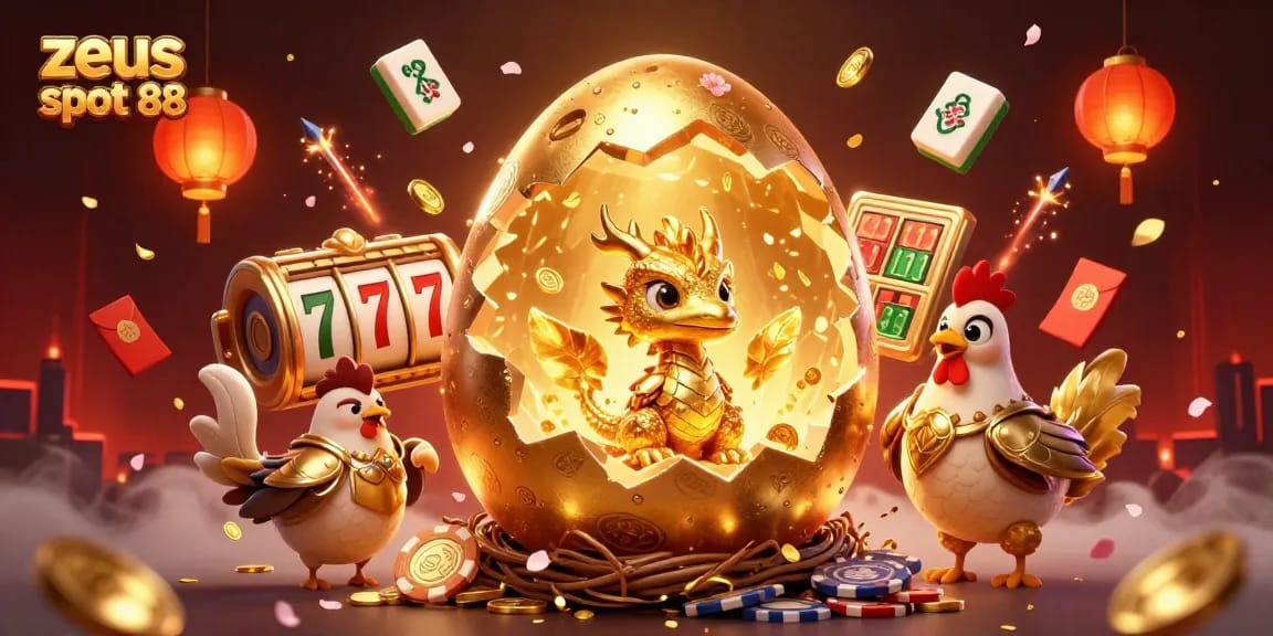 Engage with zeus slot 88's immersive 3D illustrated scene featuring a golden dragon and casino elements.