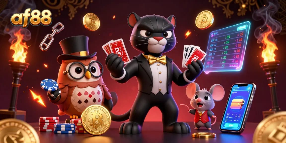 Experience thrilling action at af88, featuring a stylish panther dealer and friendly characters in a vibrant casino setting.