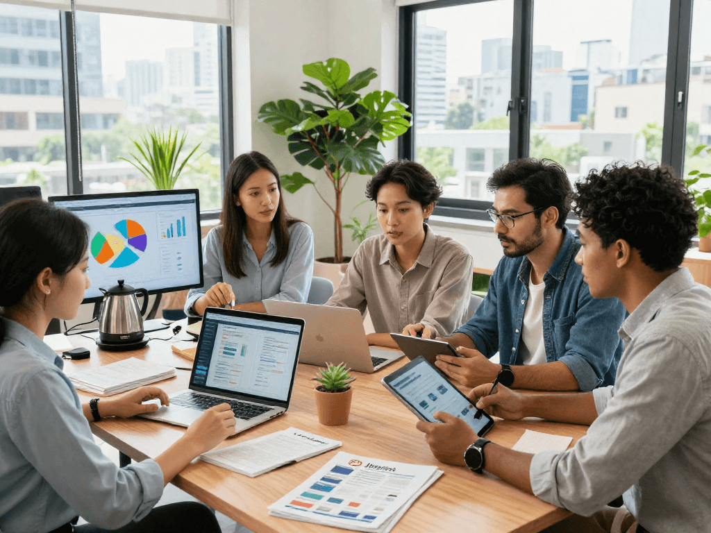 Airbnb property management team collaborating in a vibrant office setting, focusing on income strategies and guest experience.