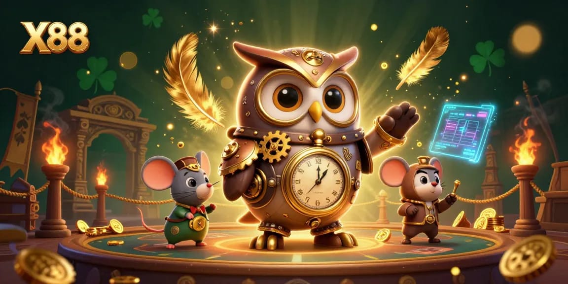 X88 showcases a steampunk owl and mouse in a vibrant casino scene with dynamic gaming elements.