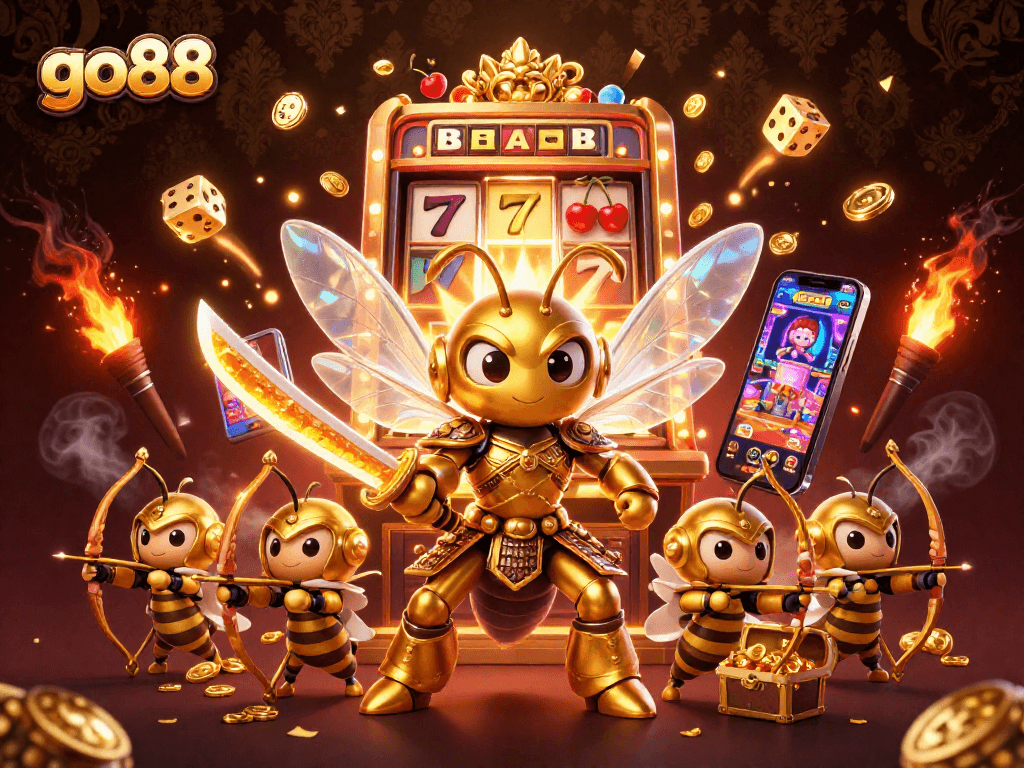 Spin the reels at go88 with vibrant casino symbols and rich 3D characters in an exciting scene.
