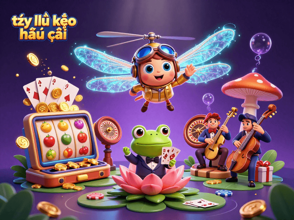 Engaging illustration showing tỷ lệ kèo nhà cái in a lively casino scene with a dragonfly pilot, a frog croupier, and vibrant gaming elements.
