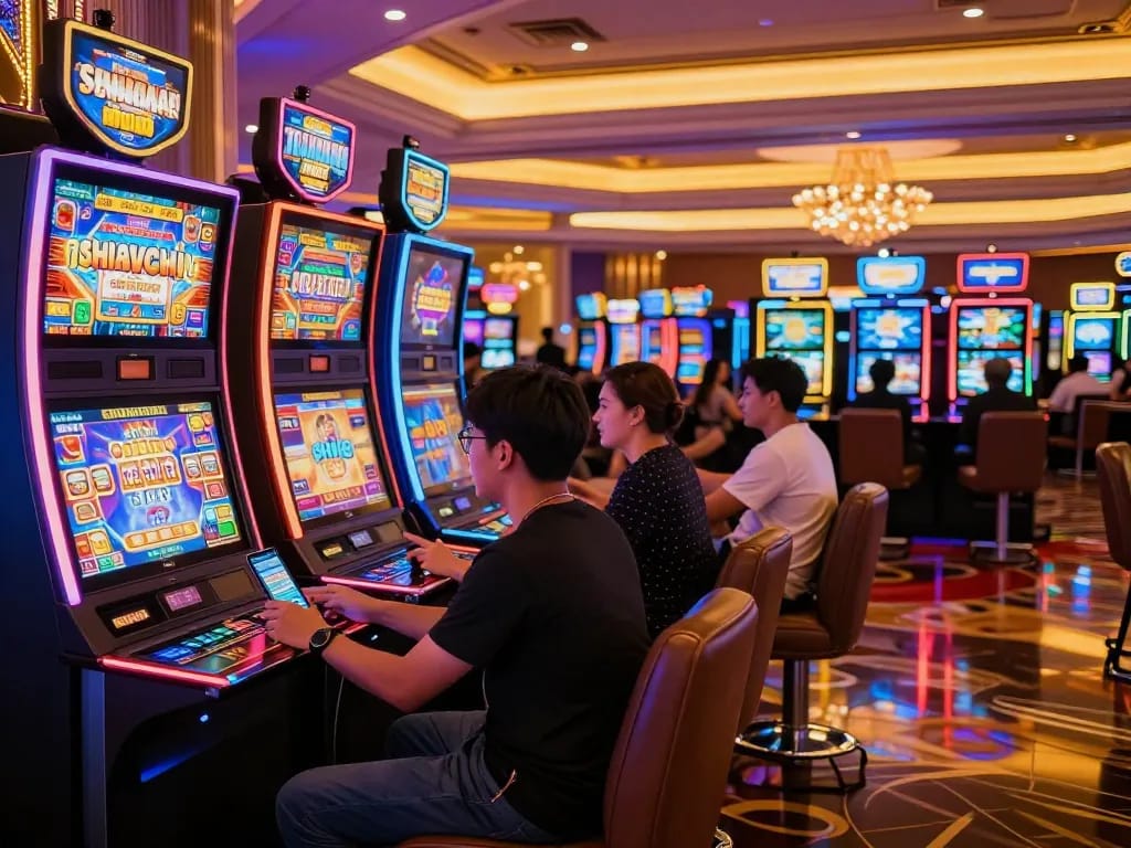 Players enjoying vibrant slot machines at u888 com casino, showcasing engaging gameplay and colorful atmosphere