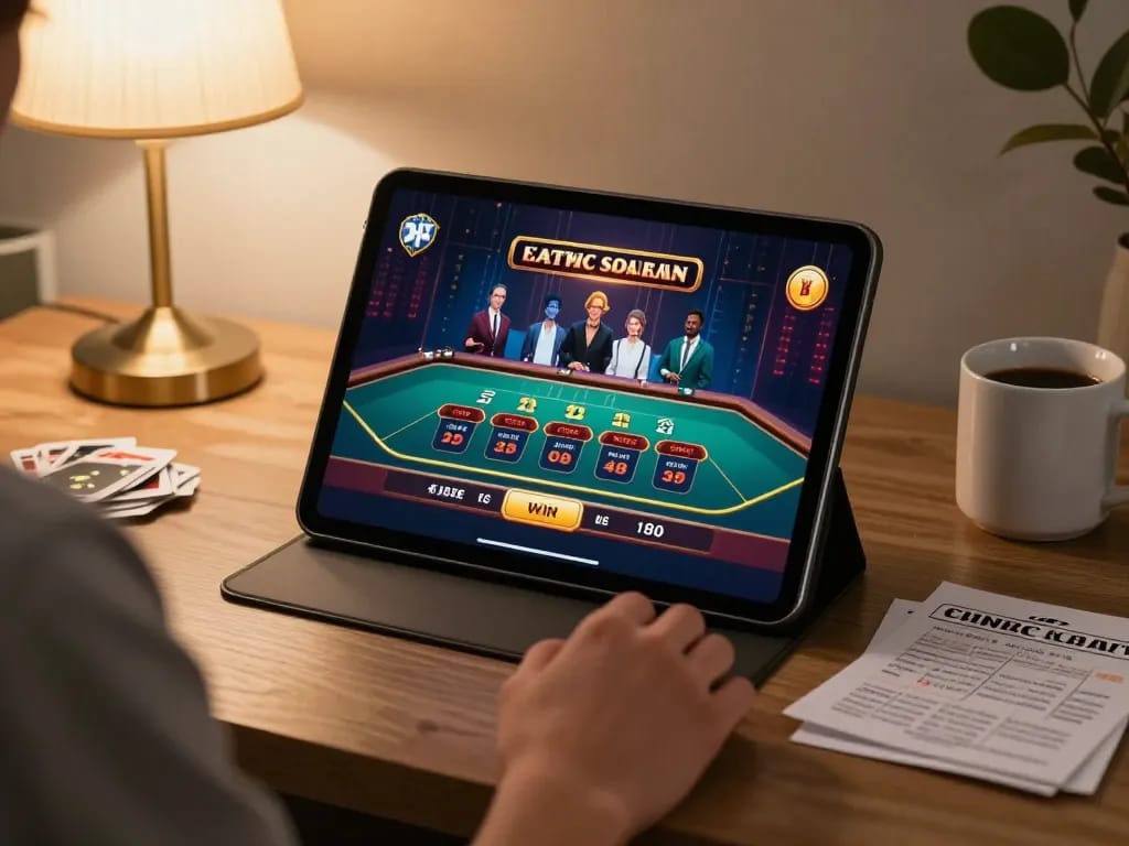 Online gaming with tablet showing baccarat amidst cozy setting reflecting safe gambling practices, 99ok lừa đảo awareness.