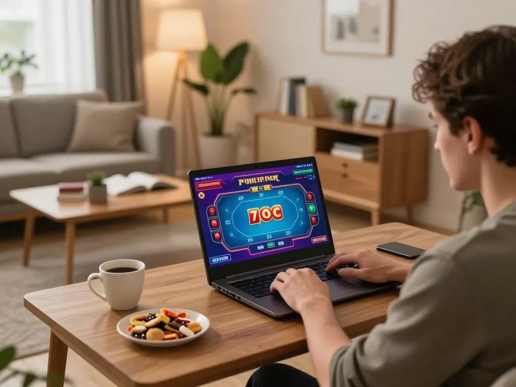 Player enjoying an exciting online poker game at home with 77LOC, featuring vibrant graphics and cozy settings.