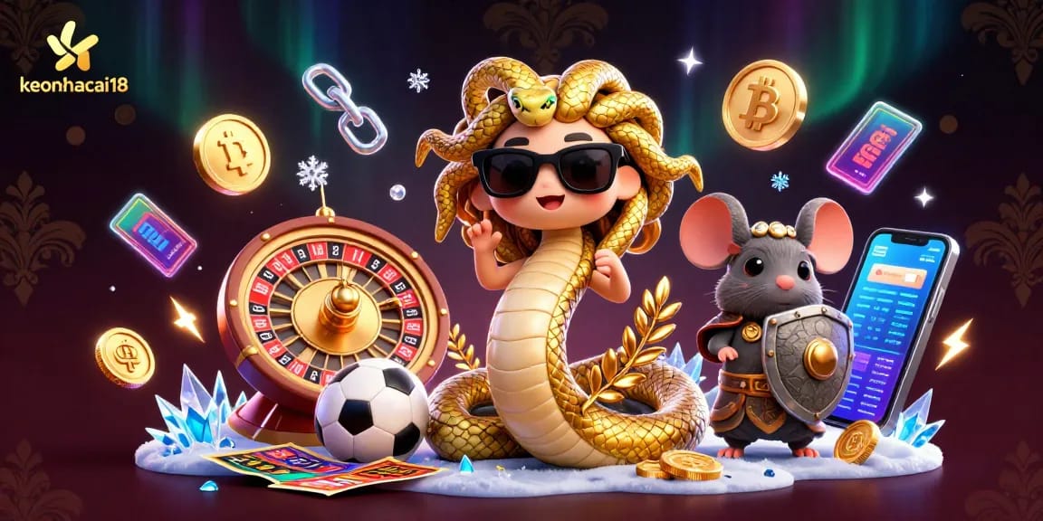 Engage in sports betting excitement with keonhacai18's lively scene of a friendly Medusa and golden coins.