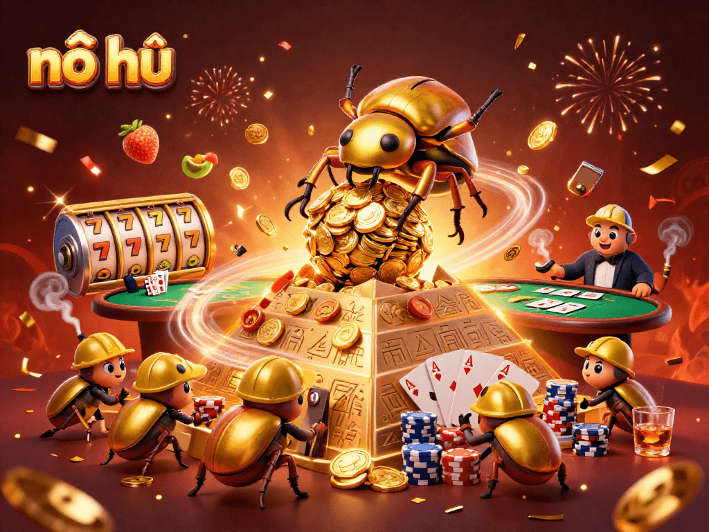 Engage with nổ hũ in this vibrant casino scene featuring golden coins and exciting game elements.