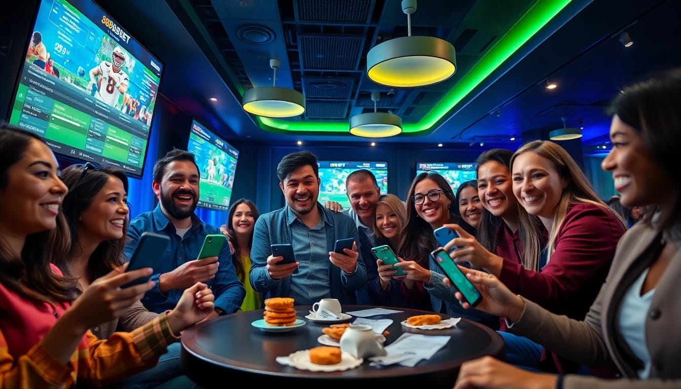 Enthusiastic sports bettors enjoying a modern gaming lounge with 888b.bet app prominently displayed.
