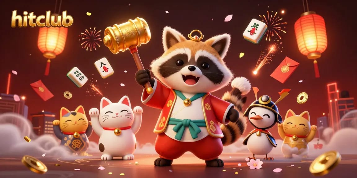 Engage with hitclub's lively 3D casino scene featuring festive characters and vibrant gaming elements.