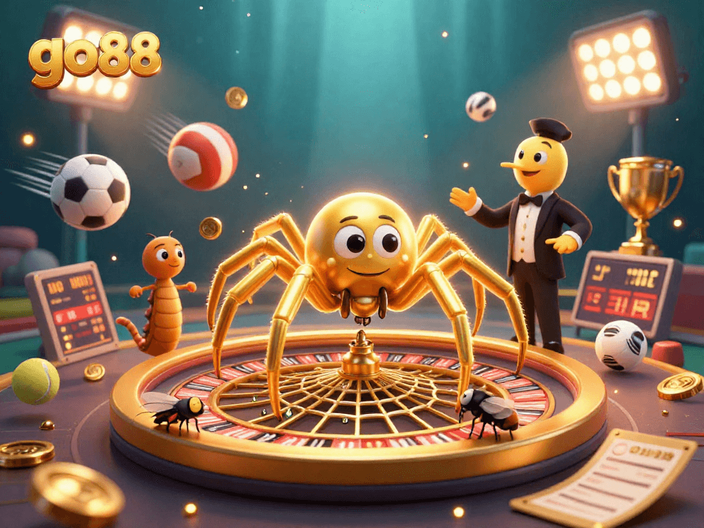 Engage in exciting bets at go88 with a golden spider and centipede croupier in a lively sports betting scene