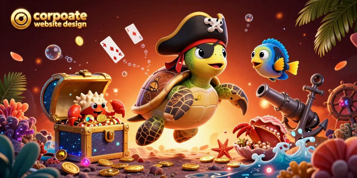Engage in corporate website design with vibrant underwater casino imagery, featuring unique characters and elements.