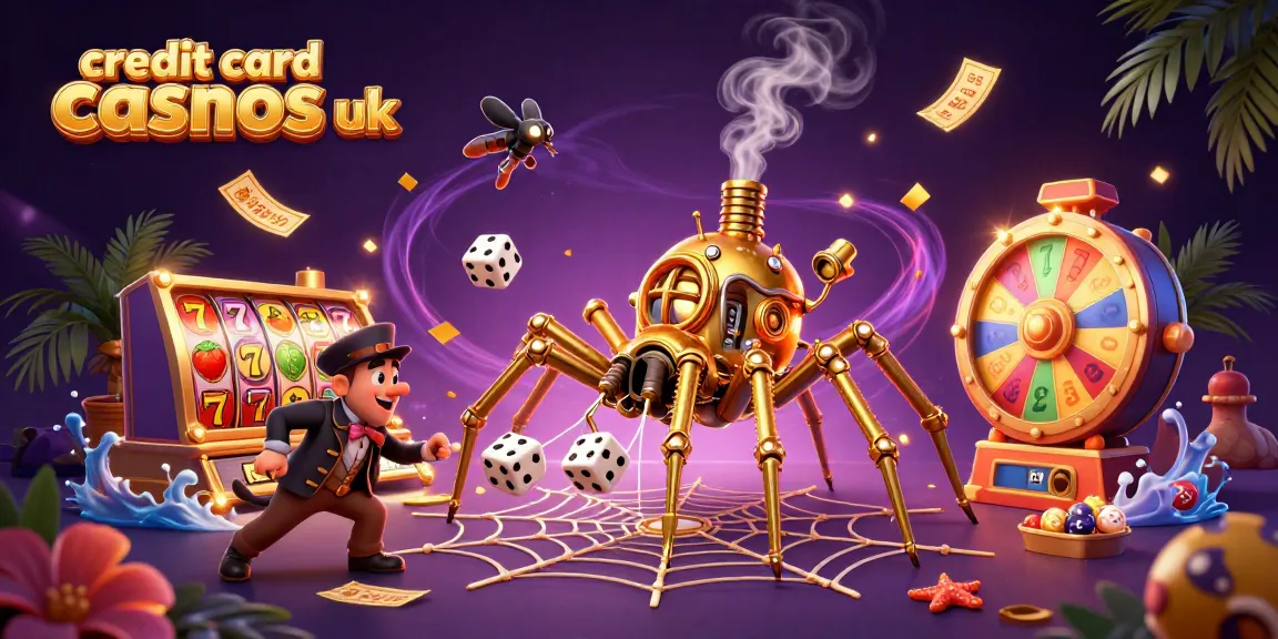 Engaging scene of credit card casinos UK featuring dynamic characters, vibrant slot reels, and golden elements.