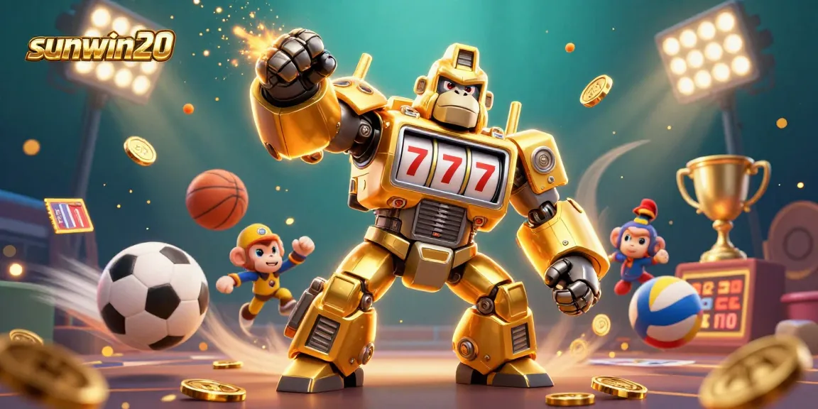 Engage in thrilling gameplay with sunwin20 surrounded by dynamic sports elements and a golden mech.