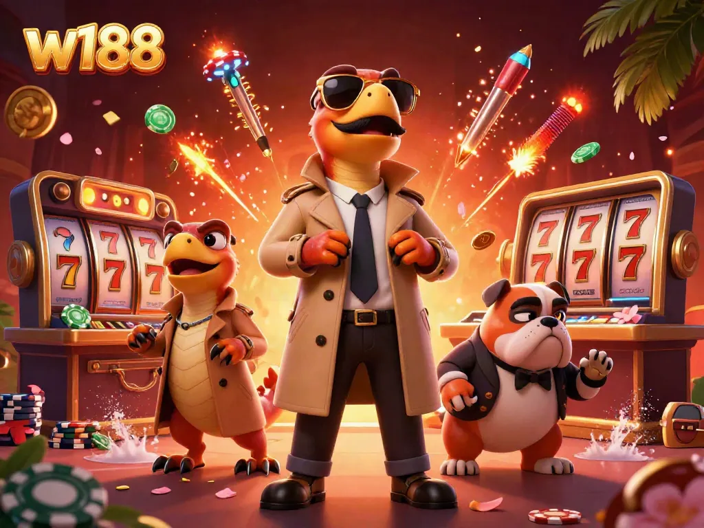 W188 showcases a comedic scene with raptors in disguise trying to enter a VIP lounge, surrounded by vibrant casino elements.