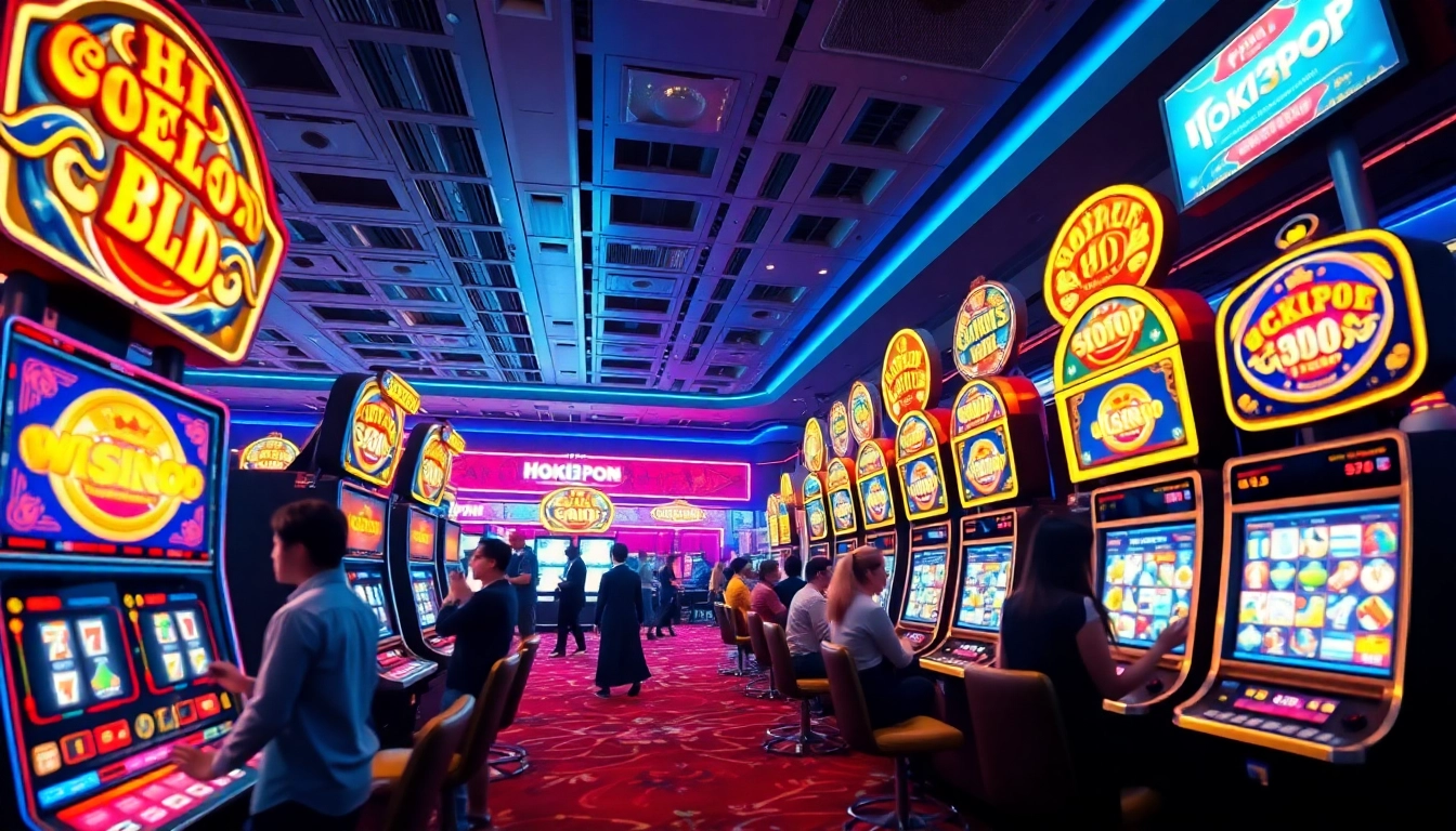 Experience the excitement of hoki138 pro's online casino with vibrant slot machines and players celebrating victories.
