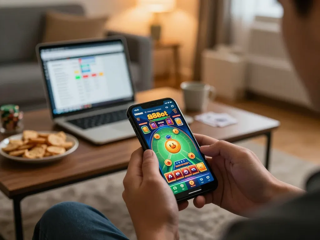 Engaged player using the 888slot app for an exciting online gaming experience at home.