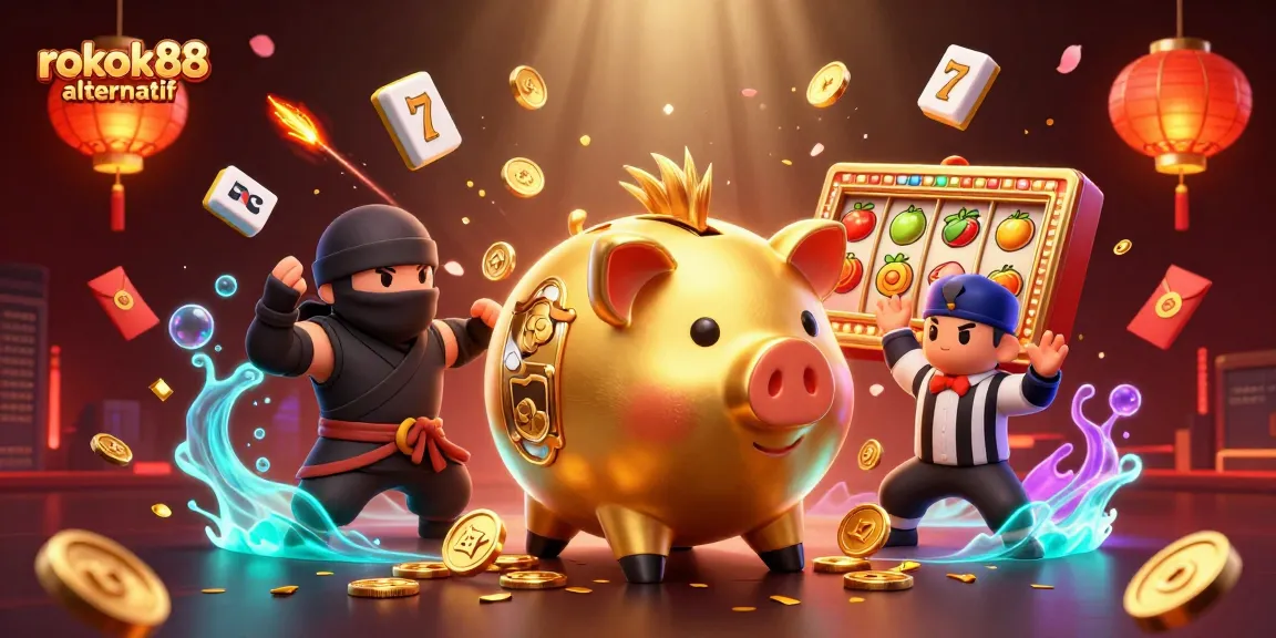 Play exciting slots with the rokok88 alternatif illustration featuring dynamic characters and glamorous casino elements.