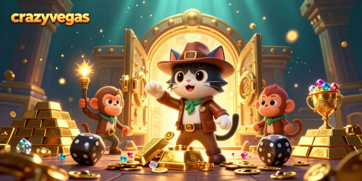 Crazyvegas showcases an adventurous cat archaeologist and monkey companion uncovering a golden casino treasure in a dazzling temple.