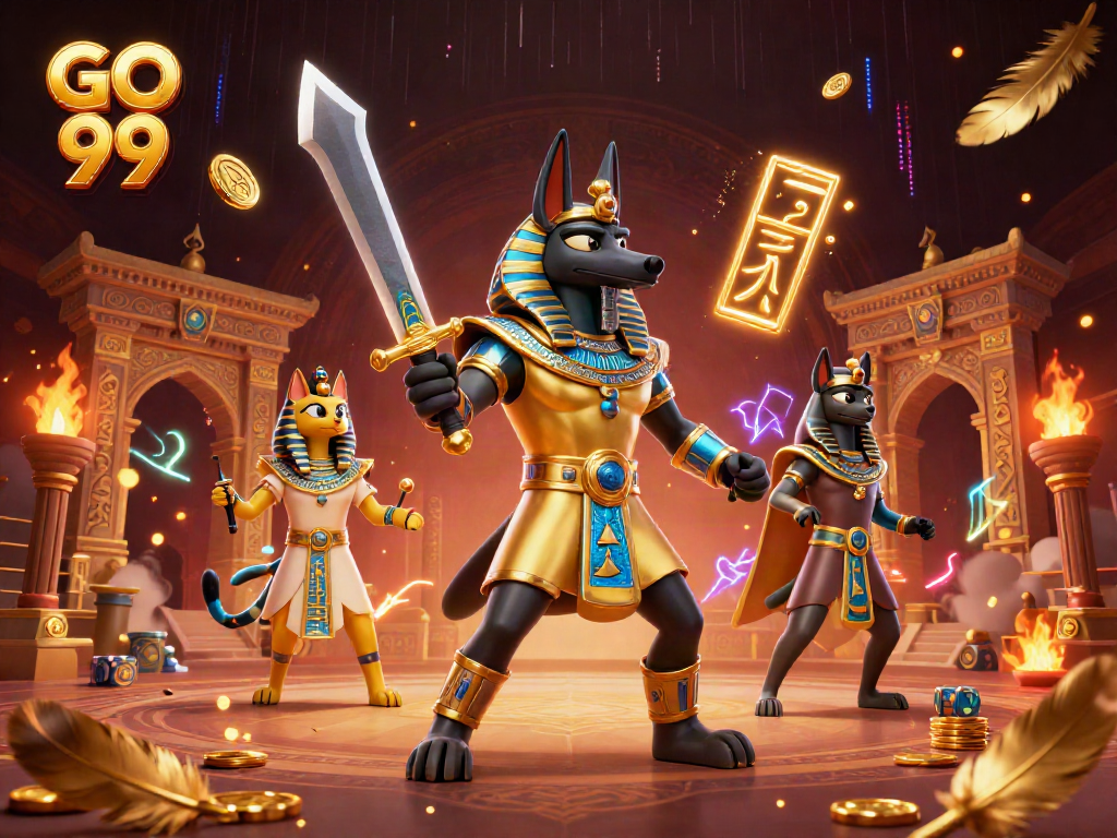 Engage with GO 99's thrilling casino adventure featuring Anubis and Bastet amidst vibrant gaming elements.