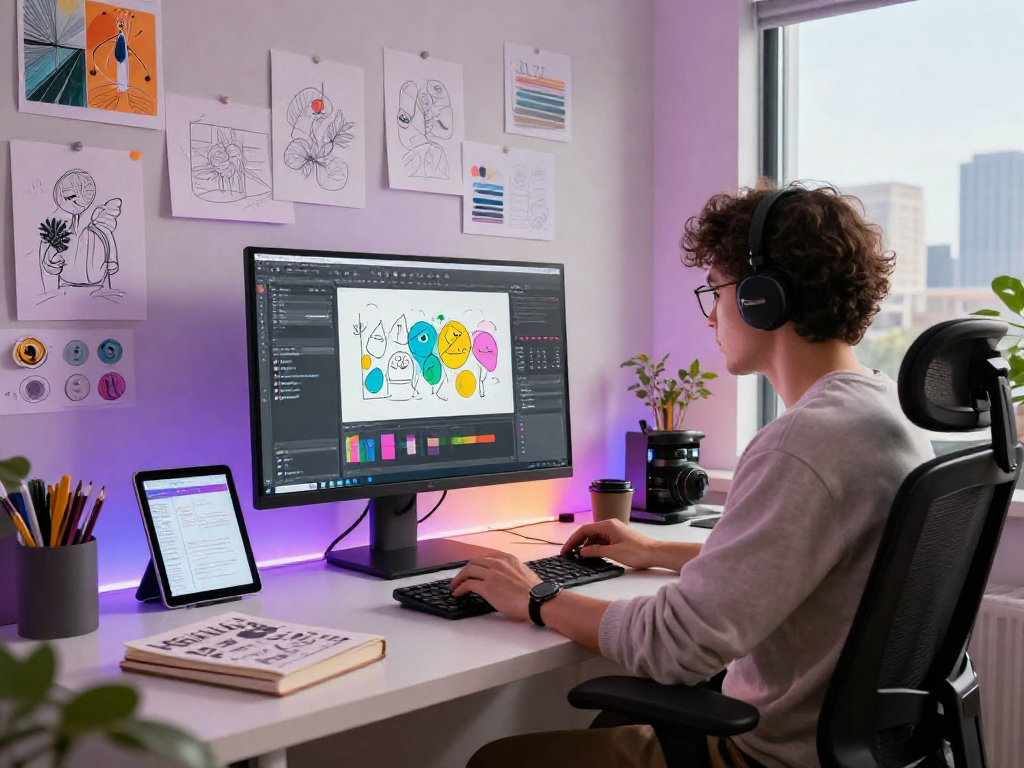 Creative workspace with digital artist using AI design tools for innovative 18+ ai projects.