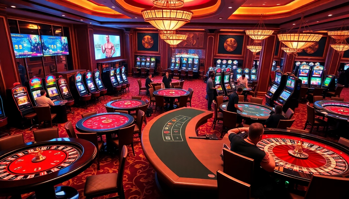 Action-packed scene at nhà cái NK88 featuring diverse casino games and enthusiastic players.