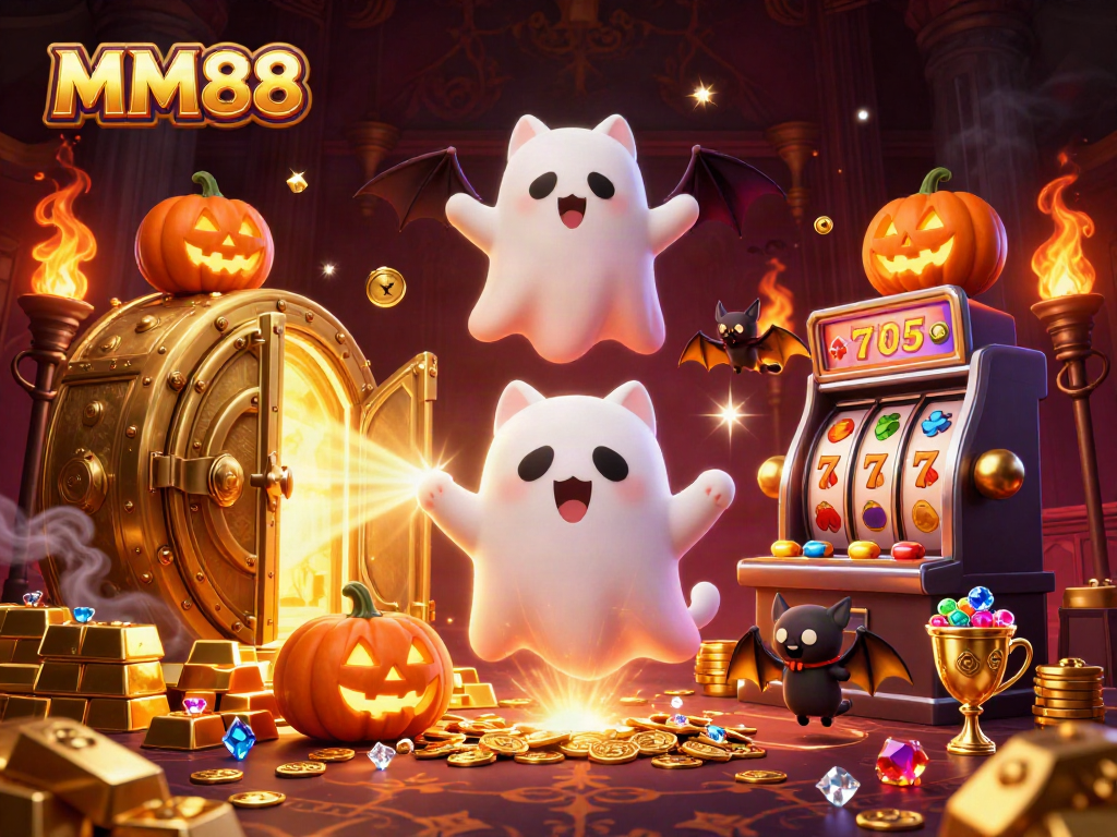 Experience thrilling MM88 gaming with a ghost cat amidst rich casino symbols and treasures.