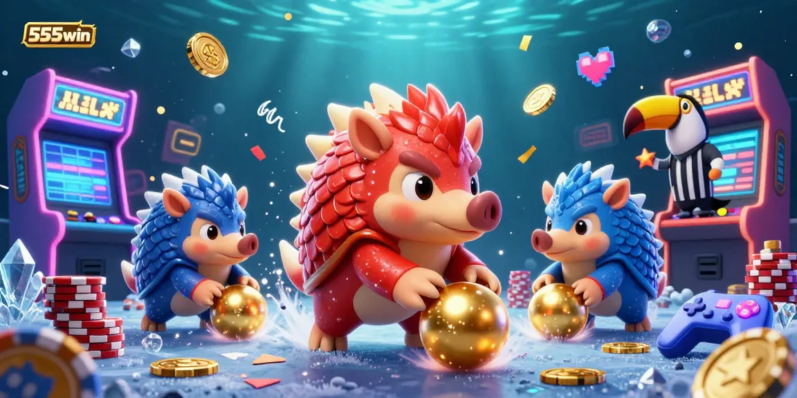 Engage in thrilling gameplay with 555win through an exciting illustration of pangolins in combat, rolling into golden balls amidst vibrant casino elements.