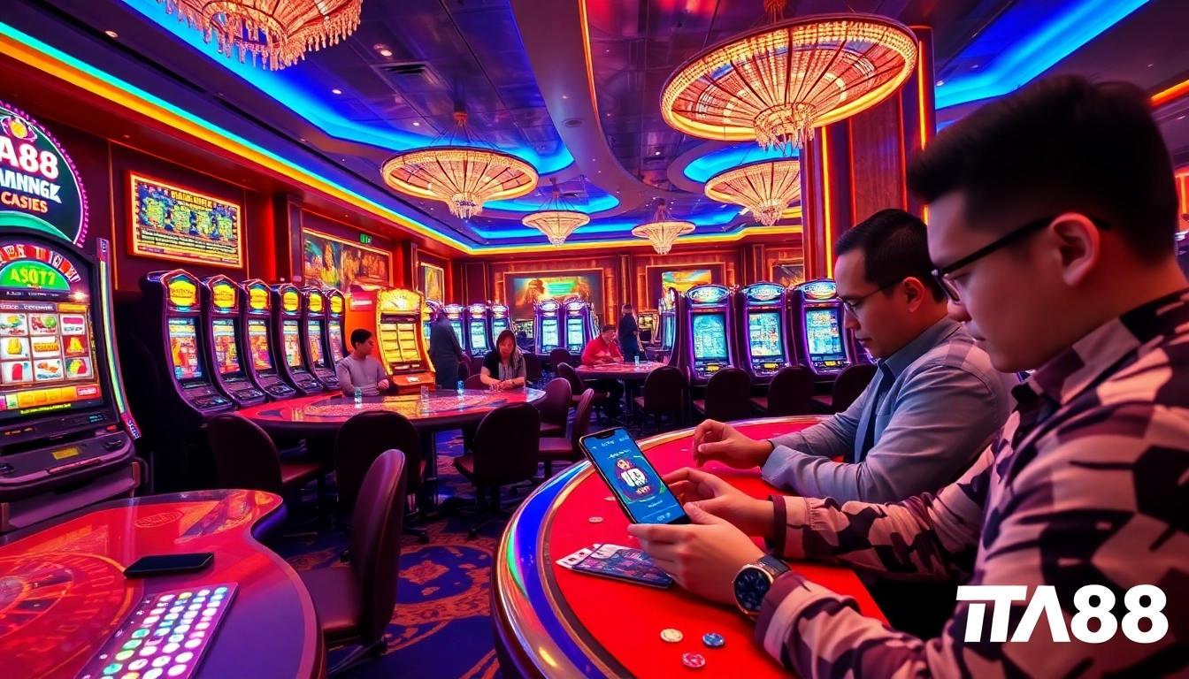 Exciting gameplay using the TA88 app amidst lavish casino visuals and vibrant betting elements.