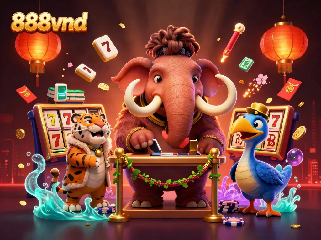 Experience the vibrant casino life with 888vnd at a lively entrance scene featuring colorful casino elements.