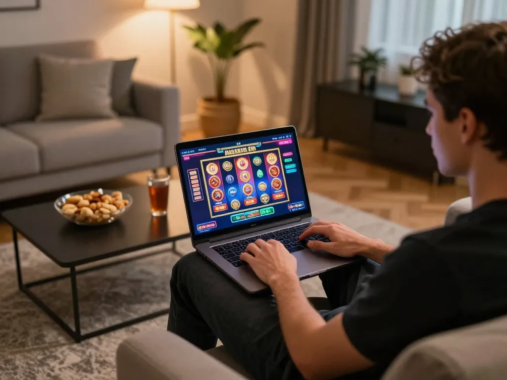 Player enjoying online gambling with lucky88s, vibrant slot game displayed on laptop screen in a cozy living room.