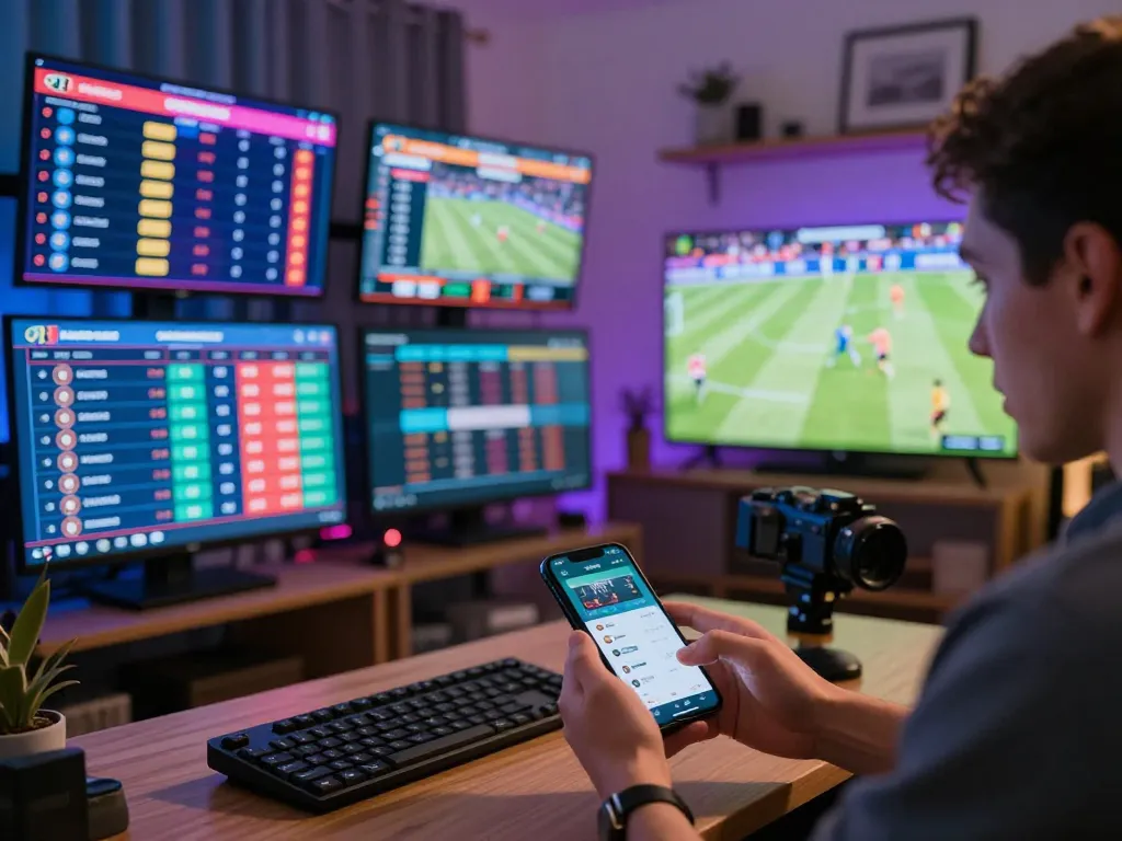 vaobet user placing strategic bets on smartphone amidst a vibrant sports betting scene