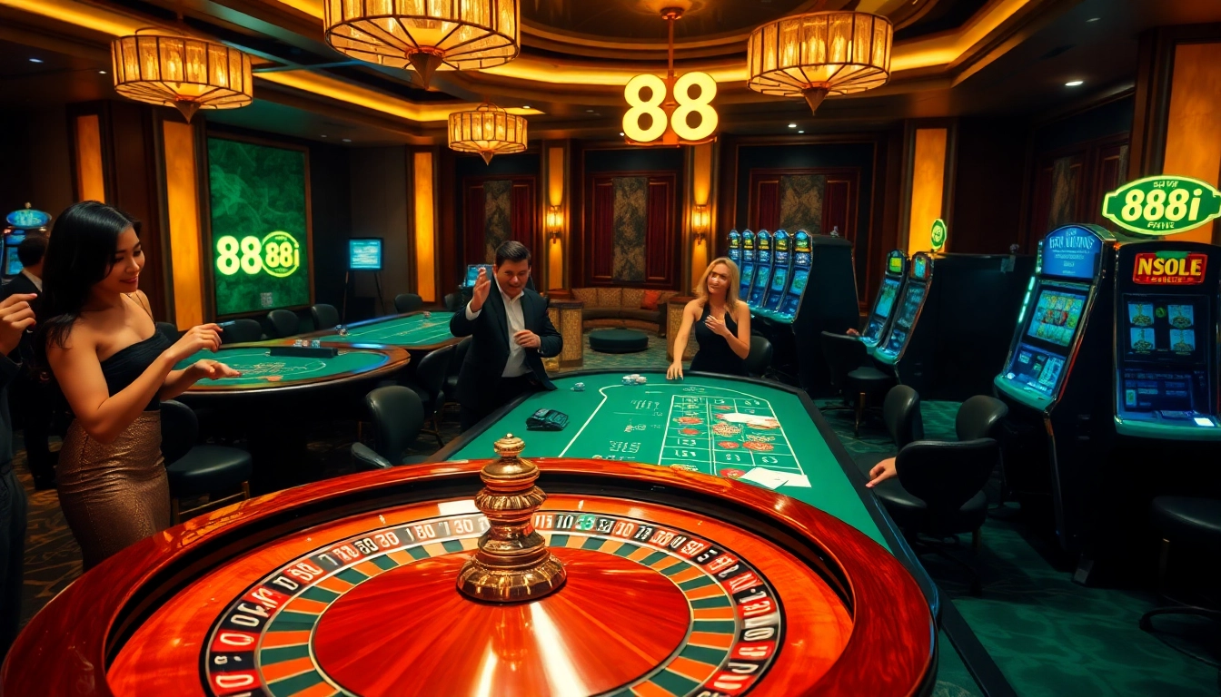 Exciting gaming scene at 88i casino with roulette and poker tables.