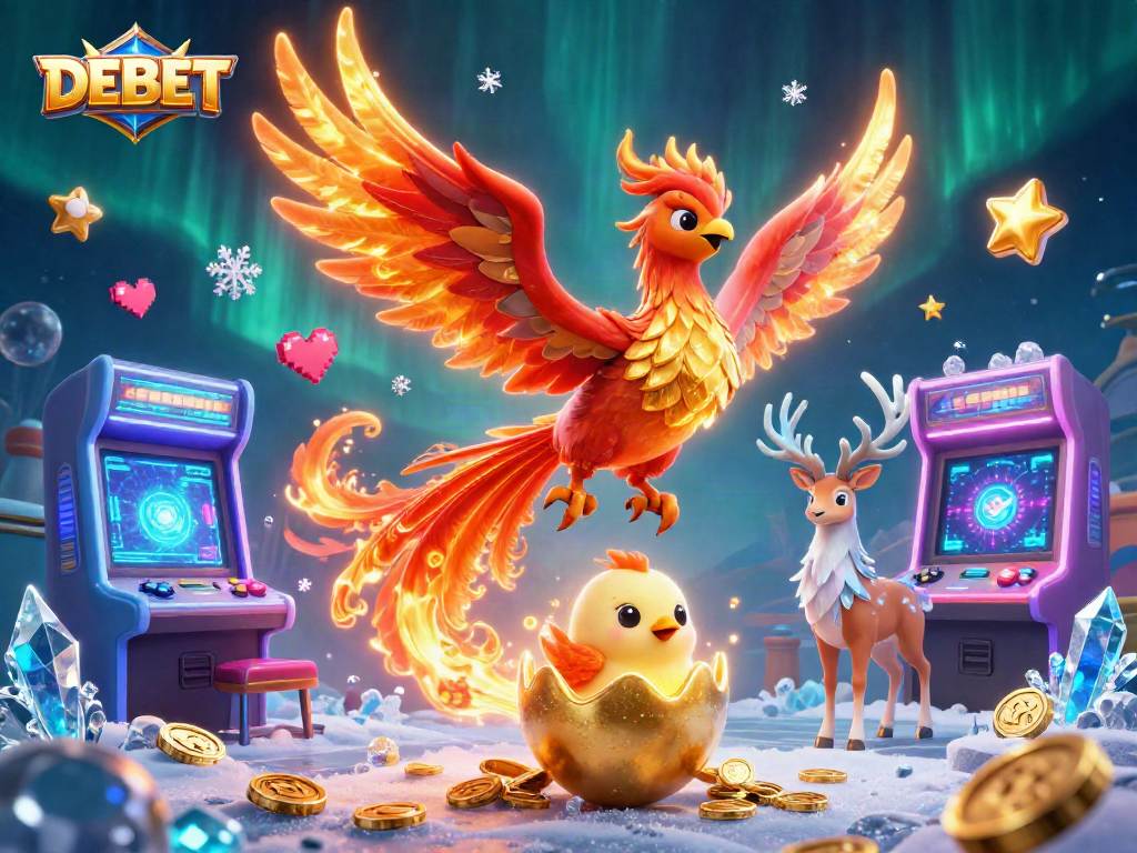 Engage with DEBET's thrilling poker experience amid vibrant 3D visuals of magical creatures.