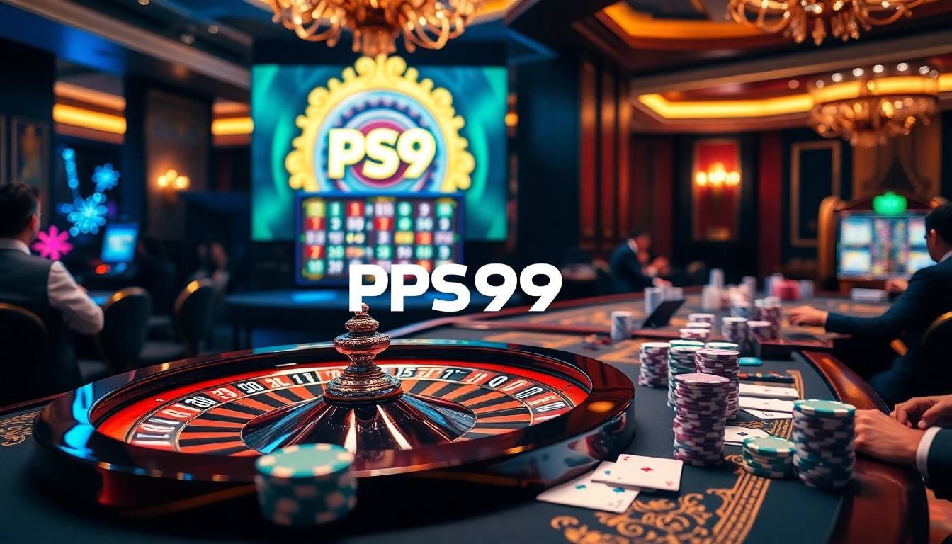 Exciting gaming atmosphere at PS99 casino, featuring roulette and poker elements.