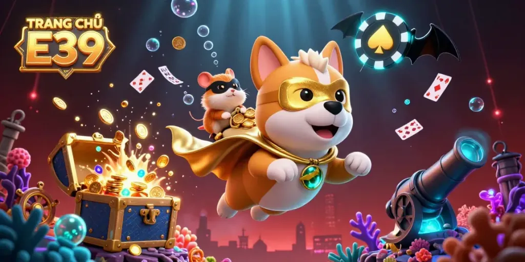 Engage with TRANG CHỦ E39 as the superhero dog flies high with gold coins, surrounded by casino elements.
