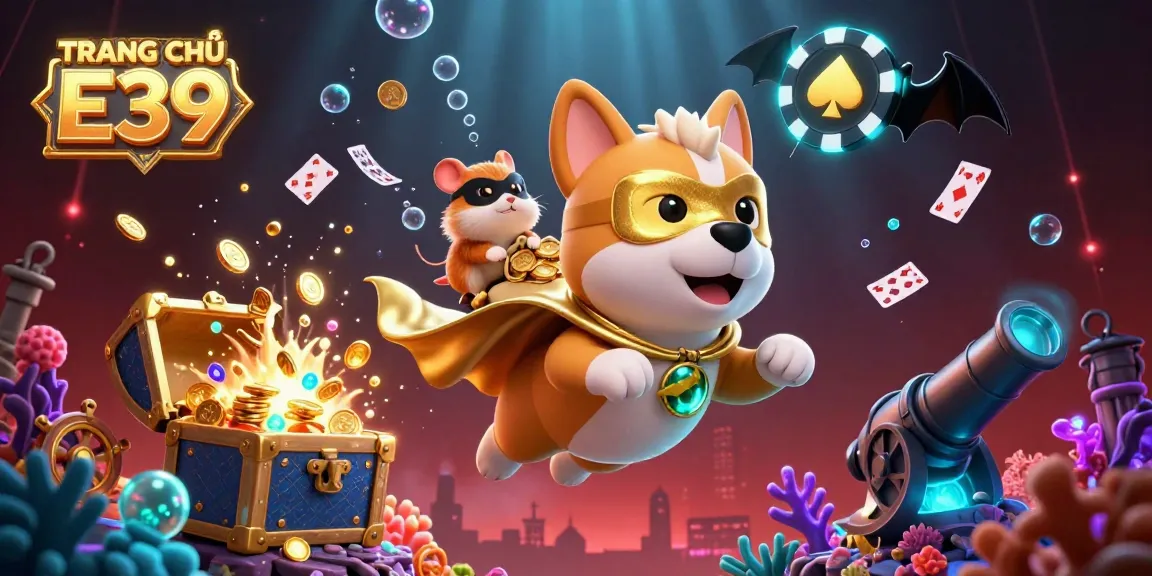 Engage with TRANG CHỦ E39 as the superhero dog flies high with gold coins, surrounded by casino elements.