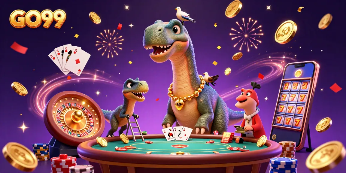 Engage with GO99's thrilling casino experience as a giant brontosaurus surveys an action-packed gaming scene.