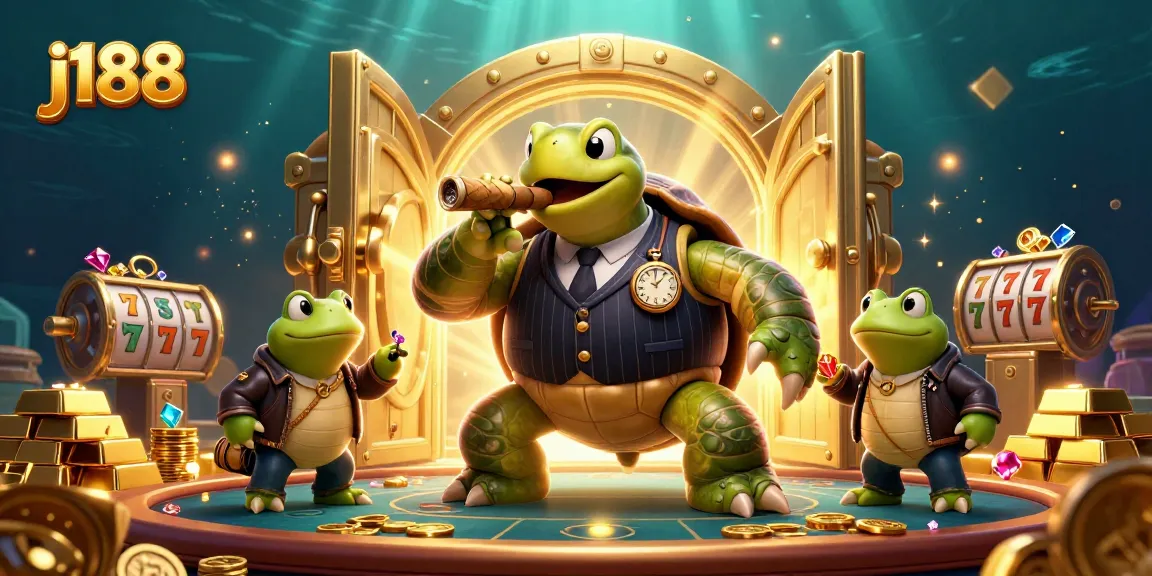 Experience the thrill of j188 with a cartoon turtle in a casino action scene overflowing with treasures.