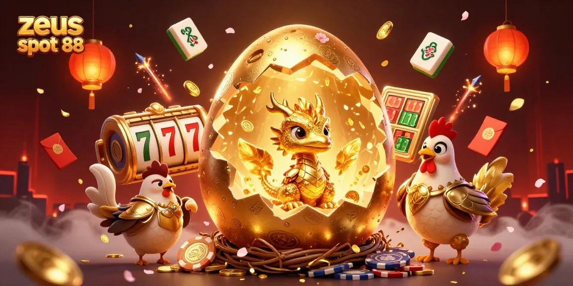 Engage with zeus slot 88's immersive 3D illustrated scene featuring a golden dragon and casino elements.