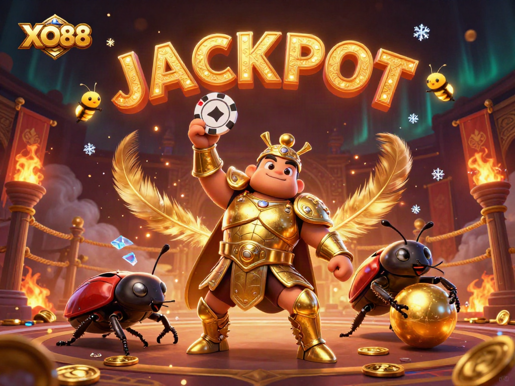 Engage with XO88's thrilling jackpot scene featuring a victorious beetle and dynamic casino elements.