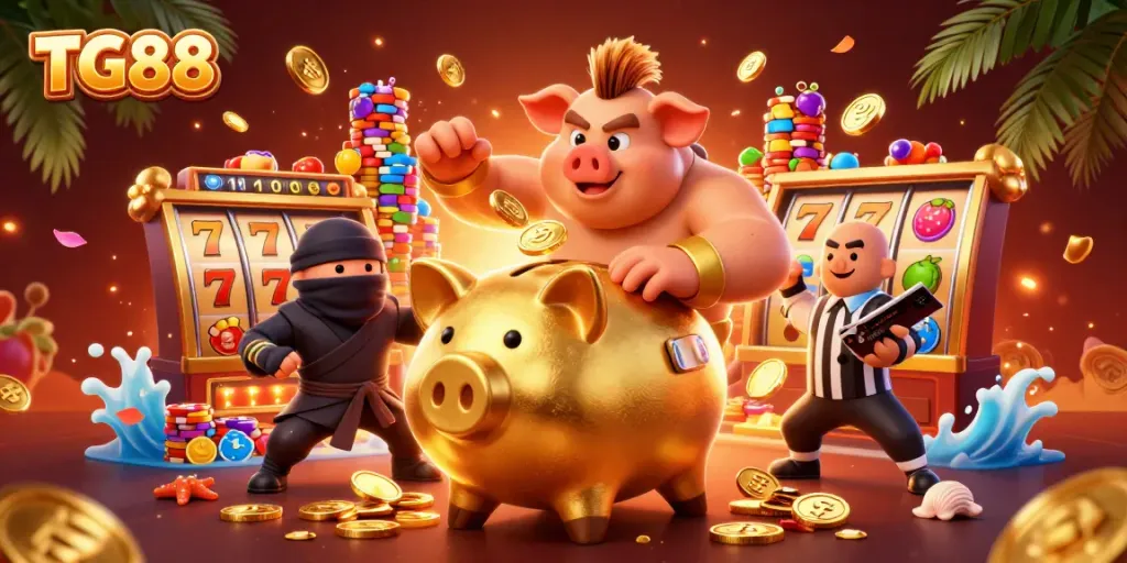 Engage with thrilling TG88 slot adventures featuring a golden piggy bank wrestler amidst colorful jackpot symbols.